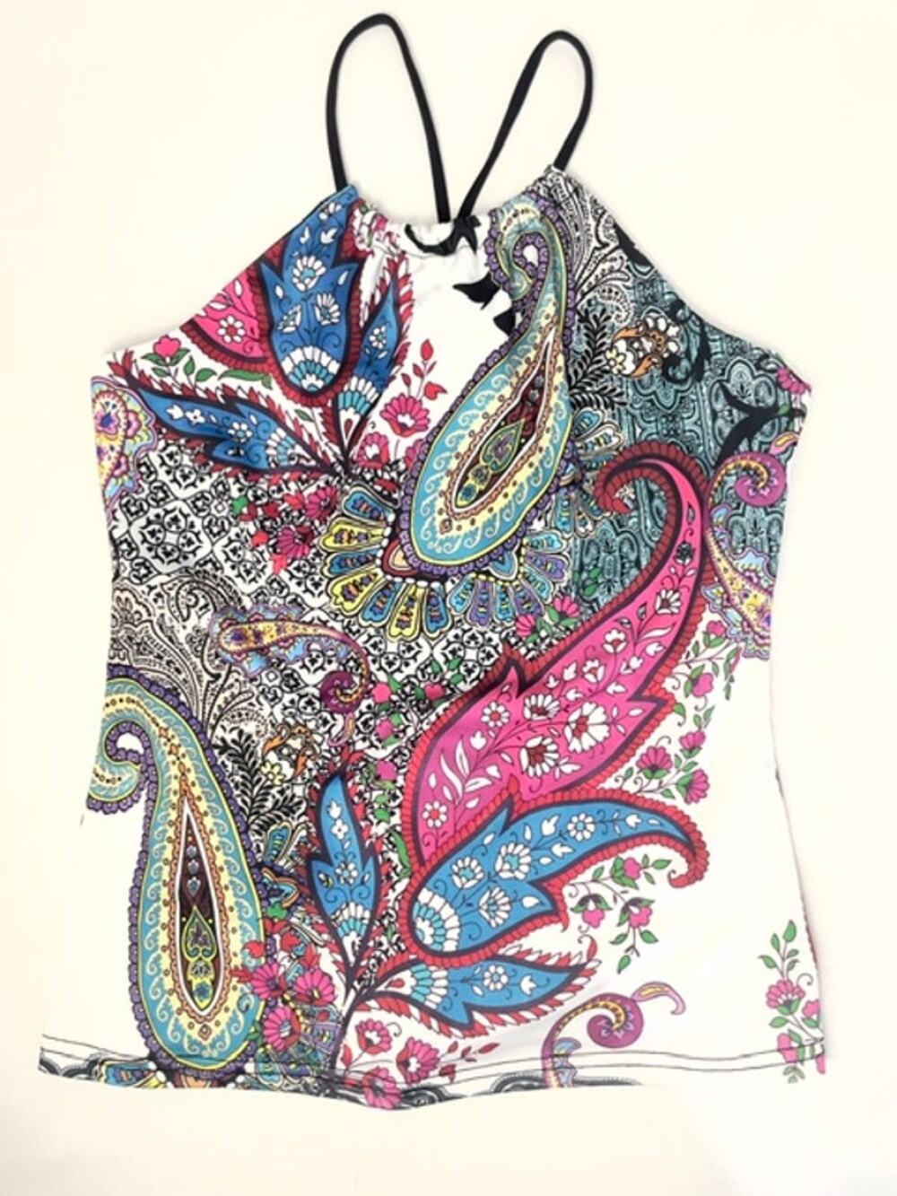 KOS USA Paisley Yoga Tank Top XL Made USA Colorful Halter Activewear Boho Yoga